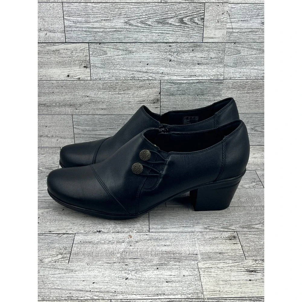 Clarks Collection Black‎ Leather Button Zip Shooties Block Heel Women Sz 9.5M